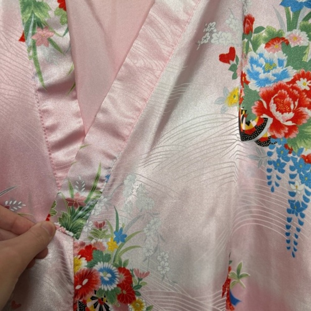 Vintage Pink Satin Floral Kimono Robe Made in Japan Coquette‎ XS S - Picture 8 of 14